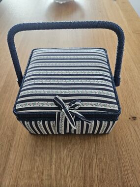 Cute Striped Navy and Cream Floral Fabric Sewing Basket
